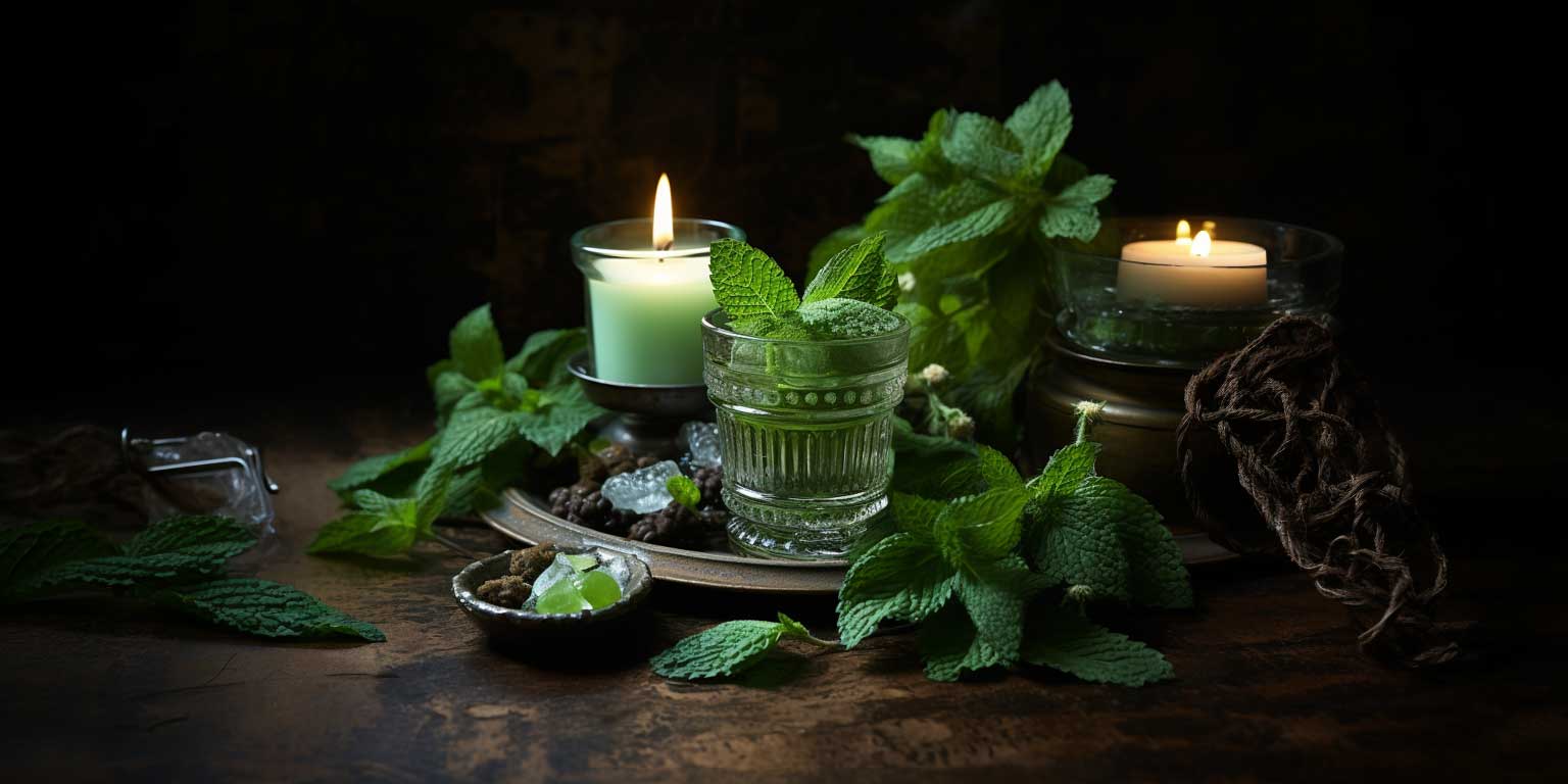 spearmint leaves on a table with a green candle
