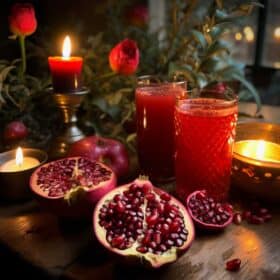 13 Traditional & Symbolic Samhain Offerings 7 A table filled with pomegranates, candles, cider, and pomegranate juice