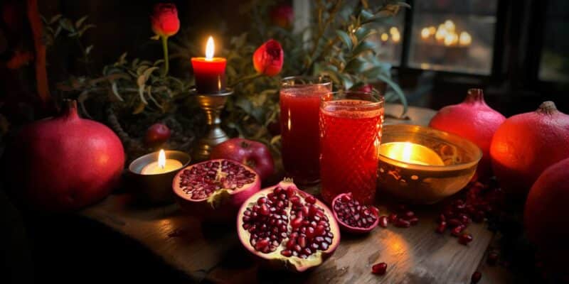 13 Traditional & Symbolic Samhain Offerings 1 A table filled with pomegranates, candles, cider, and pomegranate juice