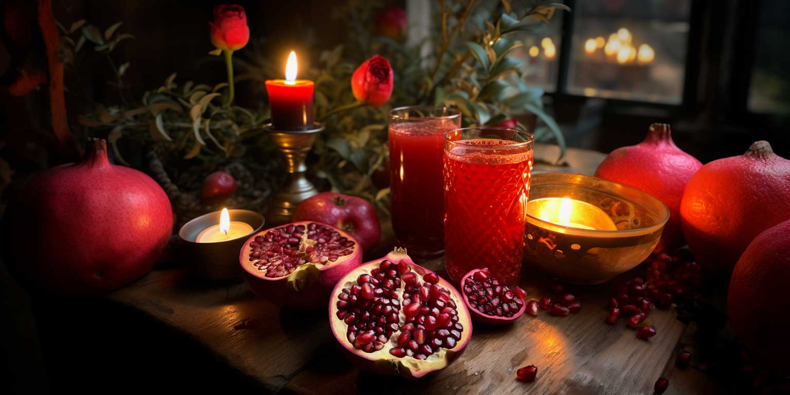 A table filled with pomegranates, candles, cider, and pomegranate juice