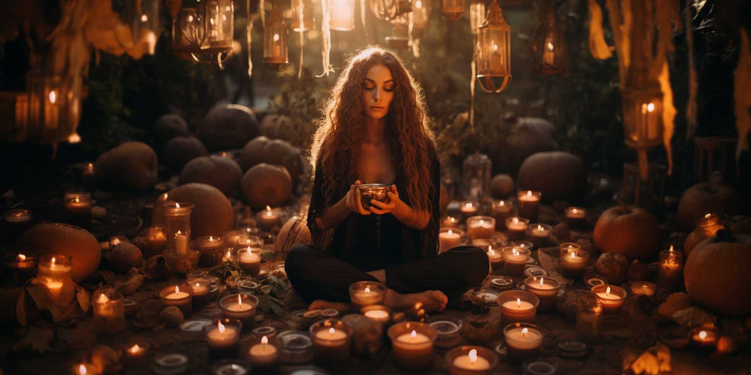A woman holding a bowl and chanting surrounded by candles and pumpkins