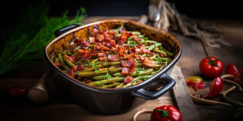 Sweet Smoked Bacon & Green Bean Casserole 30 A casserole dish filled with green beans and topped with bacon