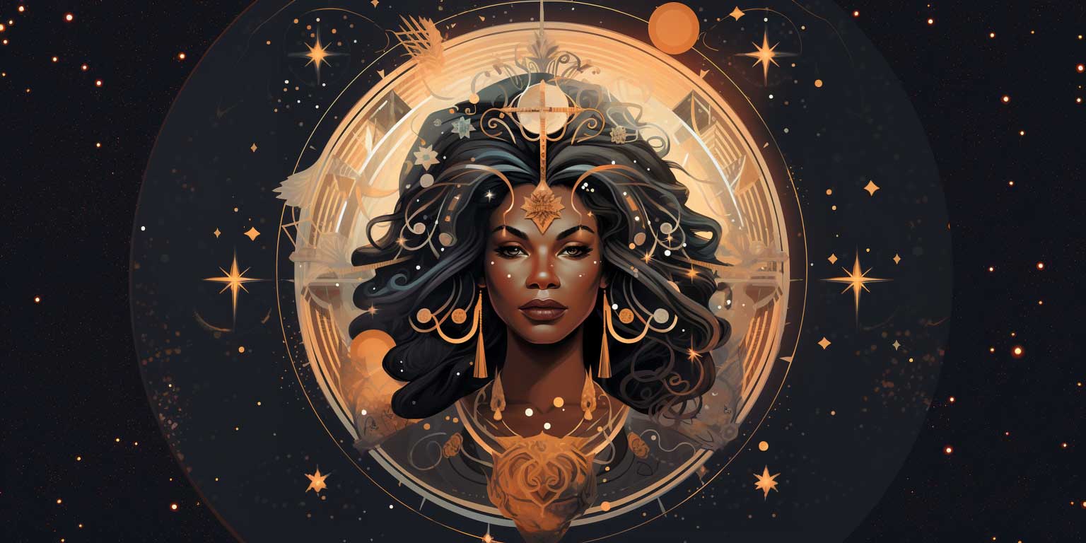 Digital art of an ethereal Black woman with celestial decorations. Her hair flows with stars and planets, and she's framed by an ornate, astrological circle. Symbols of the zodiac encircle her, and the background is a dark starry sky.