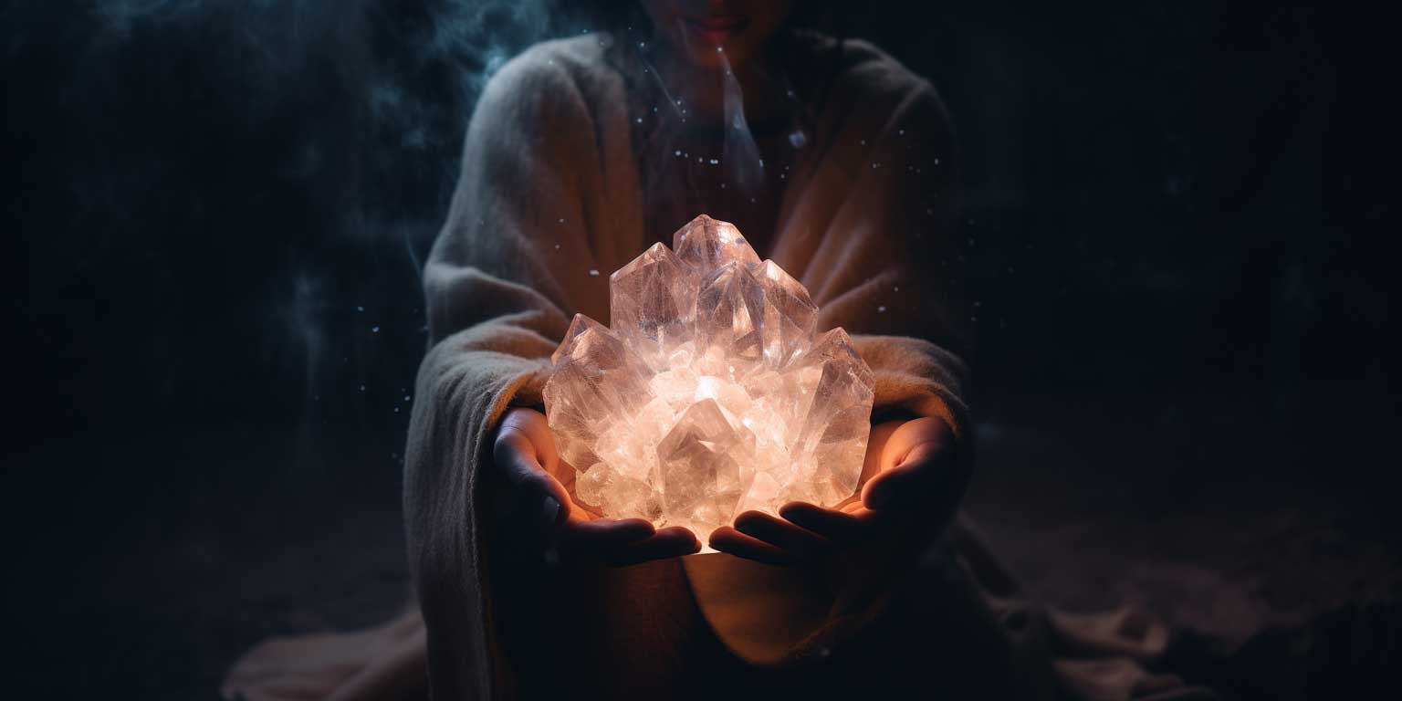 A person holding a glowing crystal cluster