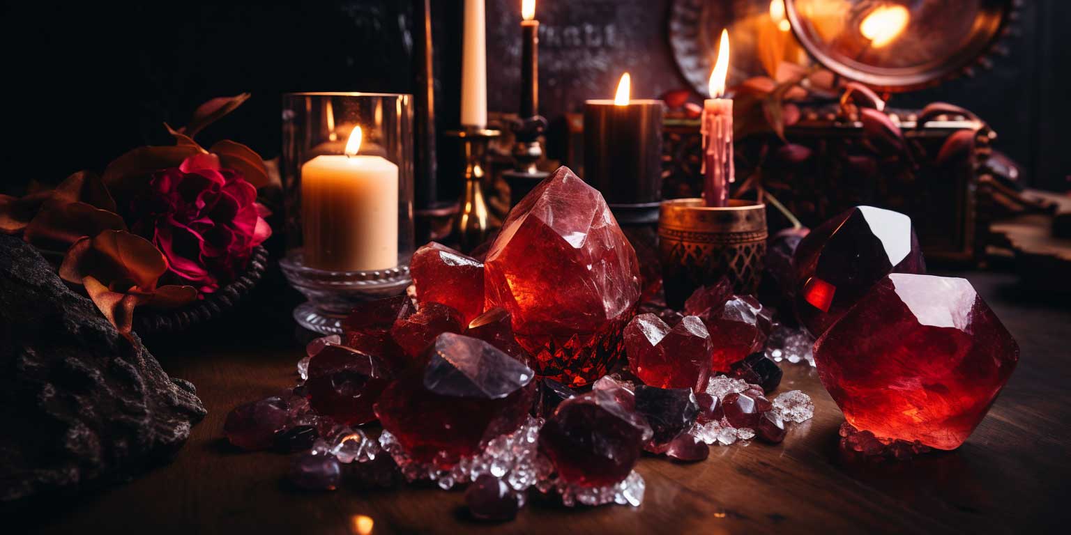 A mystical altar with garnet crystals, candles, and a globe.