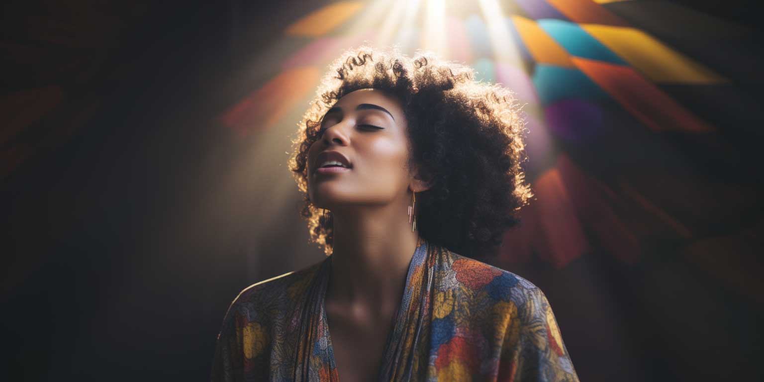 A woman of color bathed in rainbow light