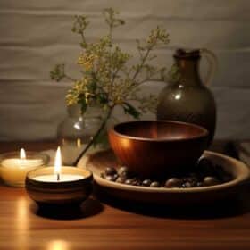 How To Test For & Remove The Evil Eye: The Italian Folk Method 25 A brown wooden table with three candles, a pitcher of olive oil, and a bowl of water on it