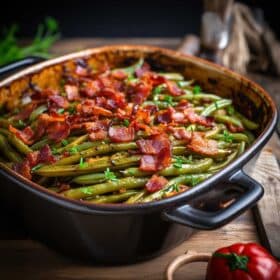 A casserole dish filled with green beans and topped with bacon