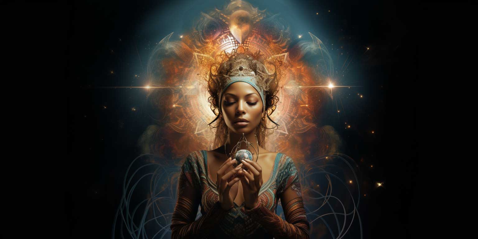 A woman in the cosmos holding a charm with spiritual energy and stars around her body.