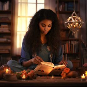 How To Become A Witch 5 A woman sitting at a table with flowers on it reading a book