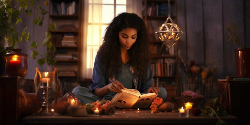 How To Become A Witch 8 A woman sitting at a table with flowers on it reading a book