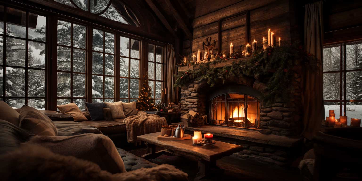A cozy living space with a yule log burning in the fireplace