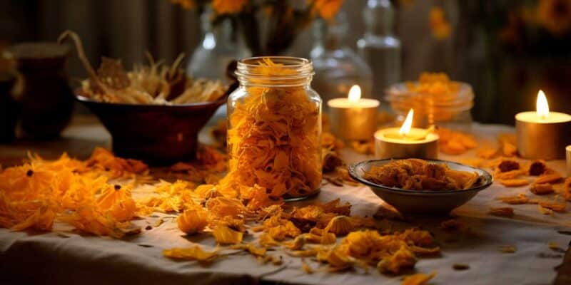 Magical Properties of Calendula 4 A jar of calendula petals with flowers and leaves around it.