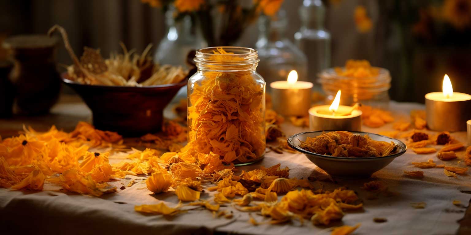 A jar of calendula petals with flowers and leaves around it.