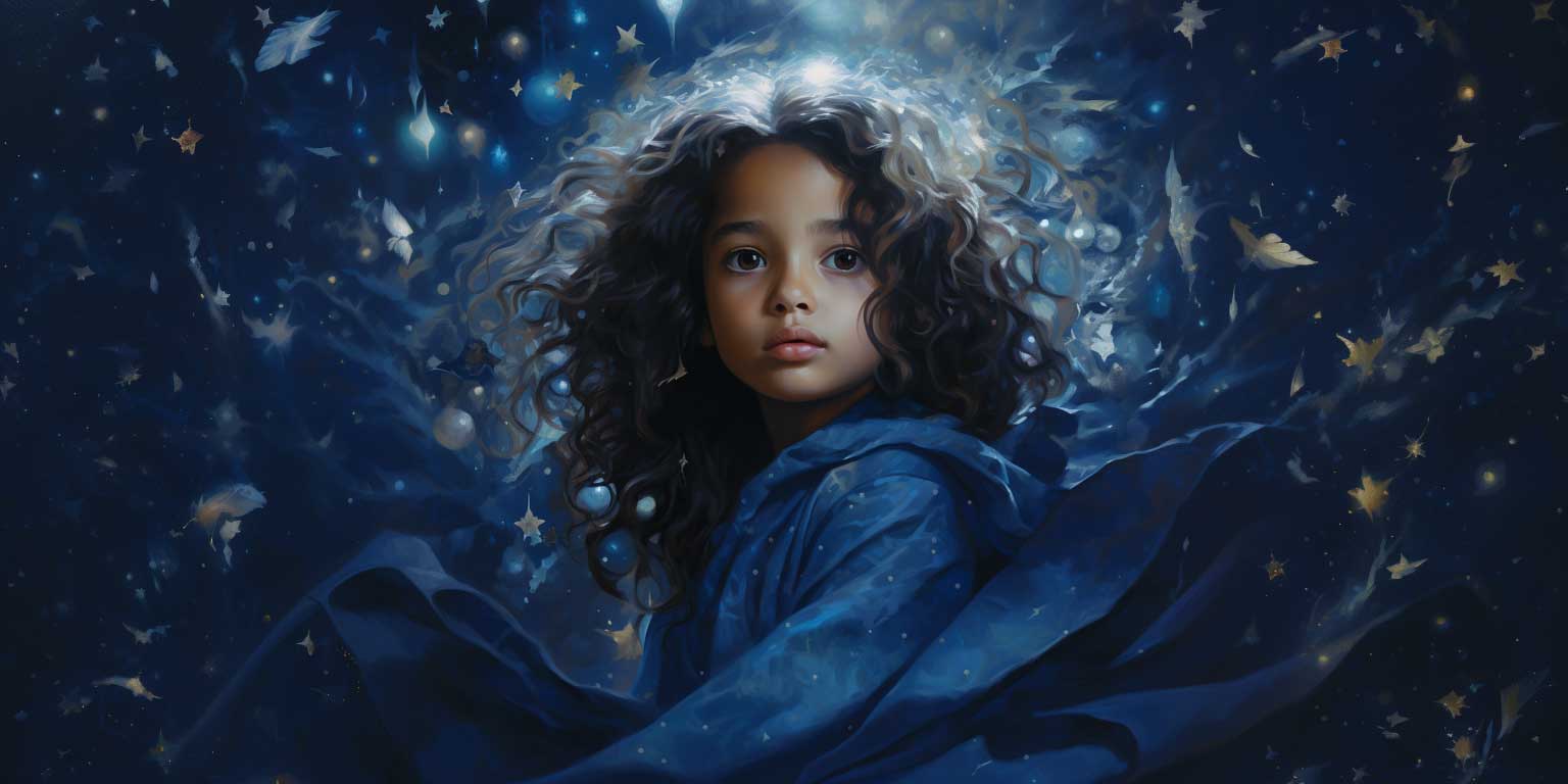 A young, indigo child with curly hair surrounded by stars and nebulae, exuding a mystical aura.