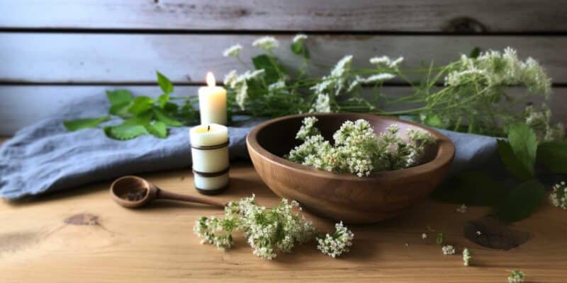 Meadowsweet: Spiritual Uses 5 Wooden bowl of meadowsweet on table with candles, herbs, and spoon.