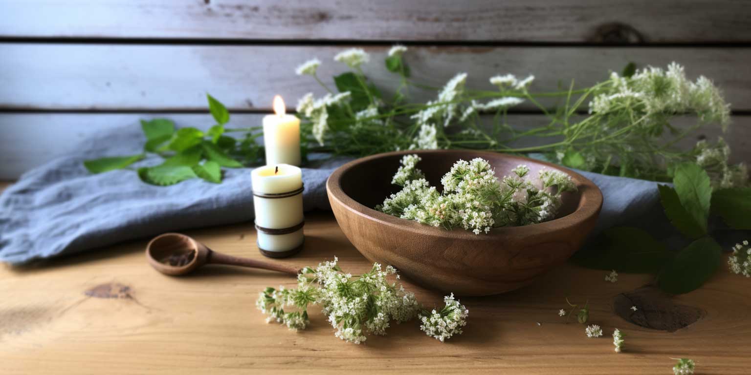 Wooden bowl of meadowsweet on table with candles, herbs, and spoon.