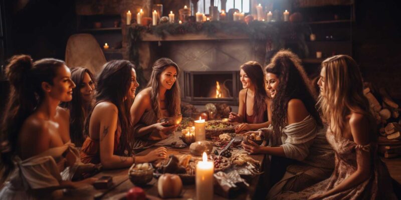 5 Winter Solstice Traditions For Wiccans 6 Group of friends enjoying a meal by firelight, celebrating winter solstice tradition.