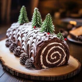 A buche de noel with frosting, pine trees, and dusted with sugar.