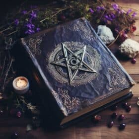Wiccan Glossary: 100+ Terms For Your Journey Into Wicca 4 A purple wiccan dictionary, pentacle on cover, with herbs, candle, crystals, on wooden surface.