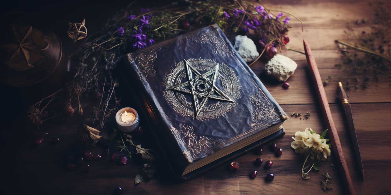 A purple wiccan dictionary, pentacle on cover, with herbs, candle, crystals, on wooden surface.