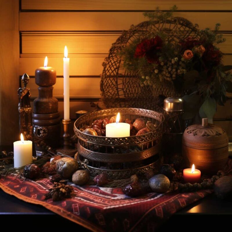 Winter solstice altar with candles, fruits, and woven basket.