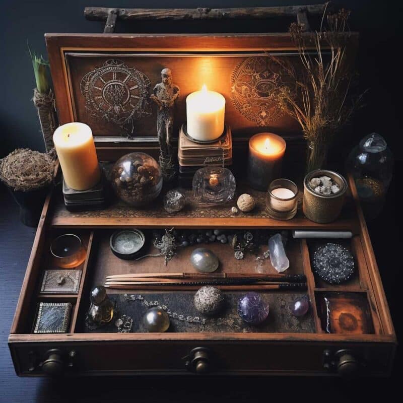 A cozy winter solstice altar with candles, plants, and mystical trinkets.