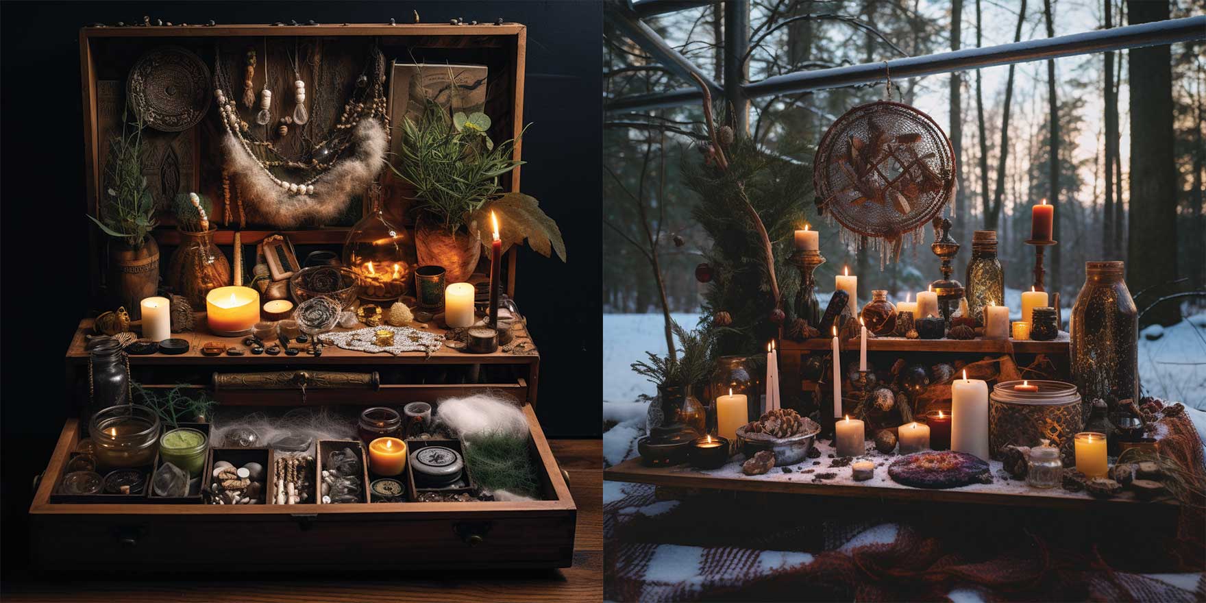 2 Yule altars with candles, crystals, and natural elements in a cozy setting.