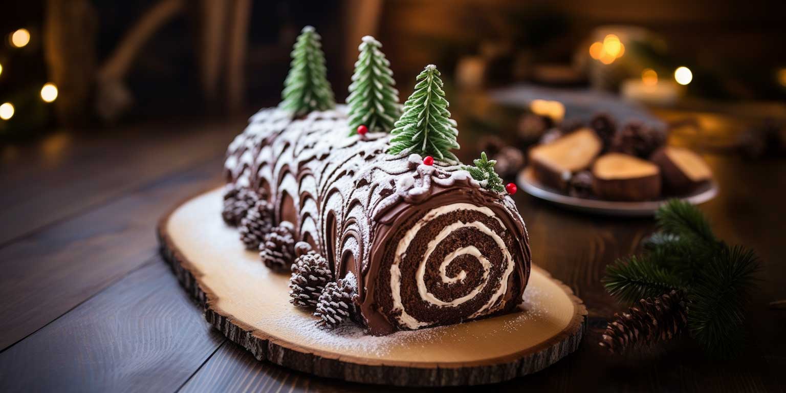 Yule log cake with festive decorations on a wooden table.