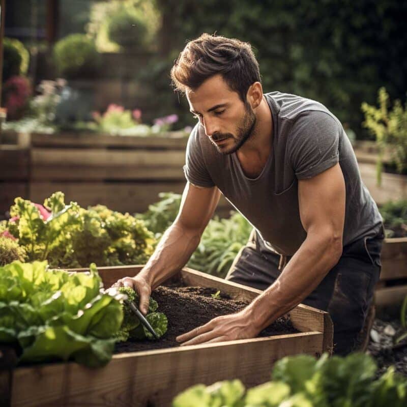 Man gardening, tending plants, showing grounding through connection with earth.
