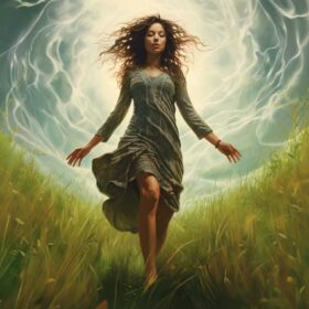 Woman levitating in field with lightning, exemplifying grounding.