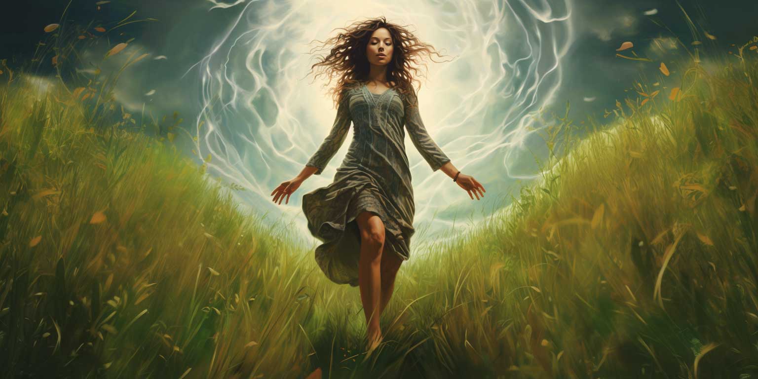 Woman levitating in field with lightning, exemplifying grounding.