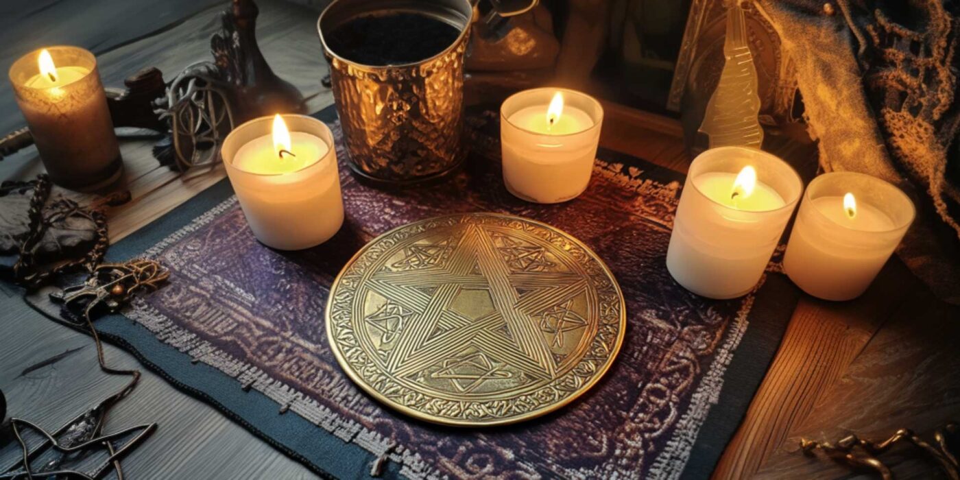 a pentacle altar tile with candles on a table