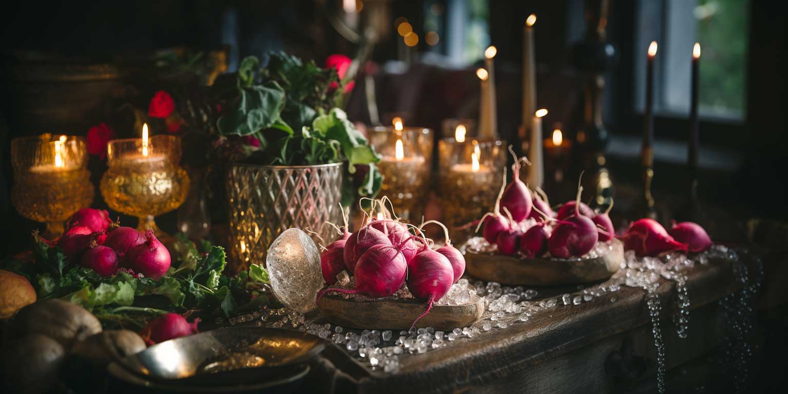 A still life of radishes, candles, and greens with a magical, warm ambiance.