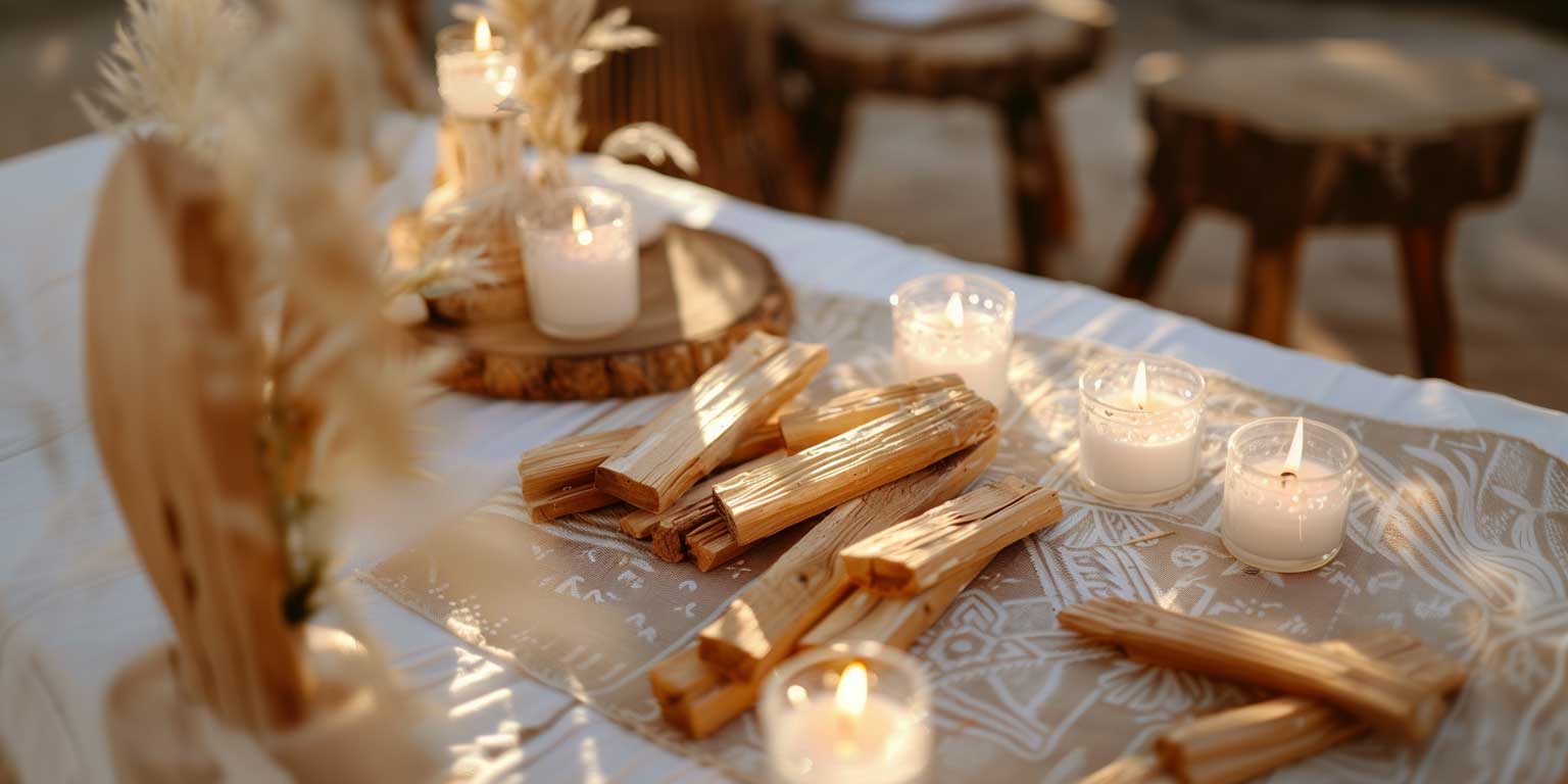 Rustic table setting with palo santo sticks and lit candles.