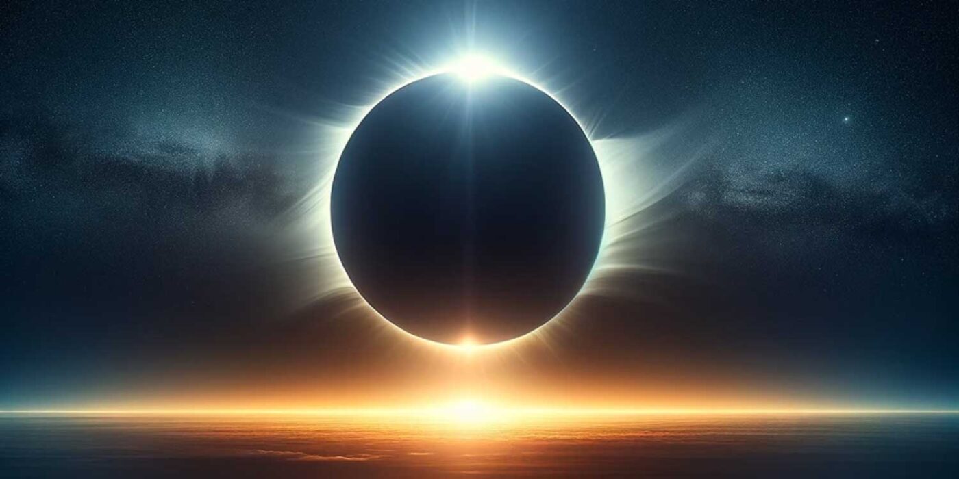 A total solar eclipse, capturing the moment when the moon perfectly aligns with the sun.