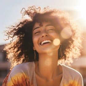 Woman with curly hair laughing in sunlight, raising vibration.