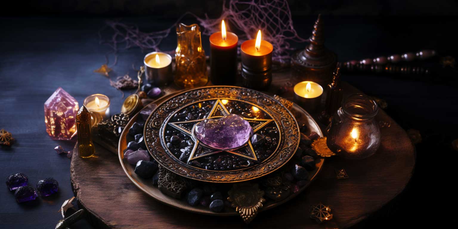 Altar with a pentacle, crystals, candles, and jars on a wooden table.