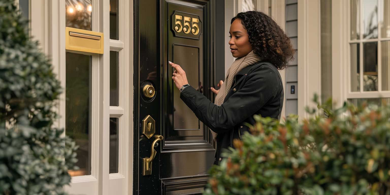 In this photo, we see a woman of color standing in front of a house, about to press a doorbell. She's dressed warmly with a scarf and coat, suggesting it might be a chilly day. The door is elegant with a glossy black finish, adorned with brass fixtures including the house number 555, a peephole, a doorknob, and a mail slot, all of which contrast nicely against the door's color. The woman appears to be waiting patiently, possibly for someone to answer the door.