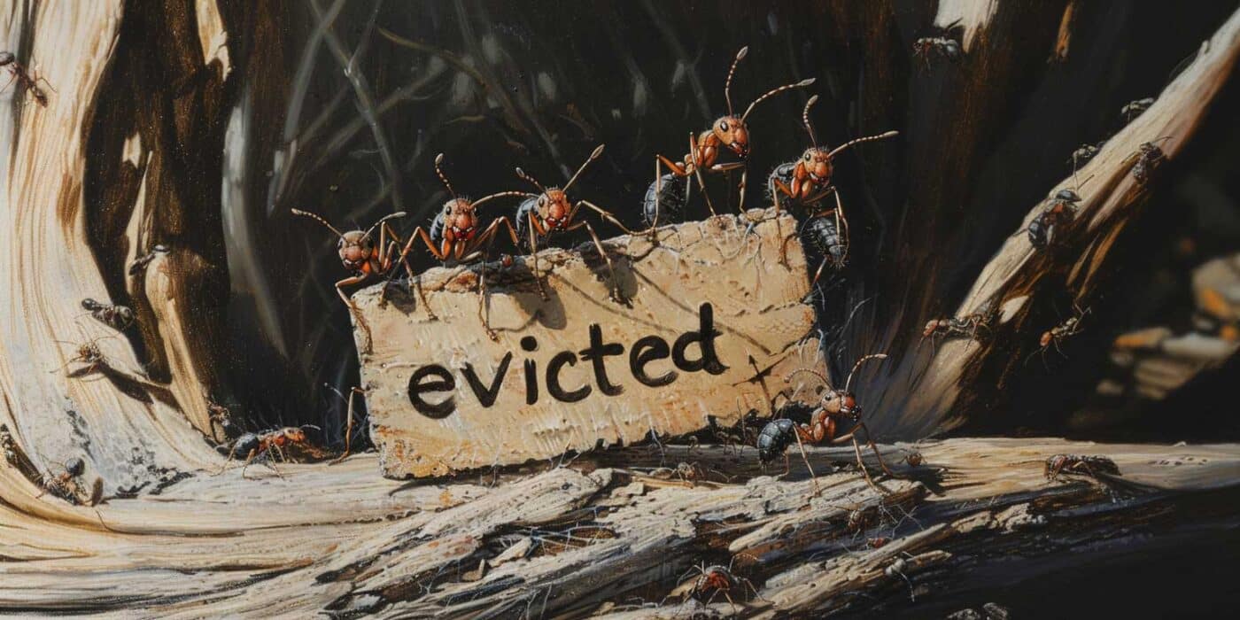Ants carrying a sign that reads "evicted" amidst wooden textures.
