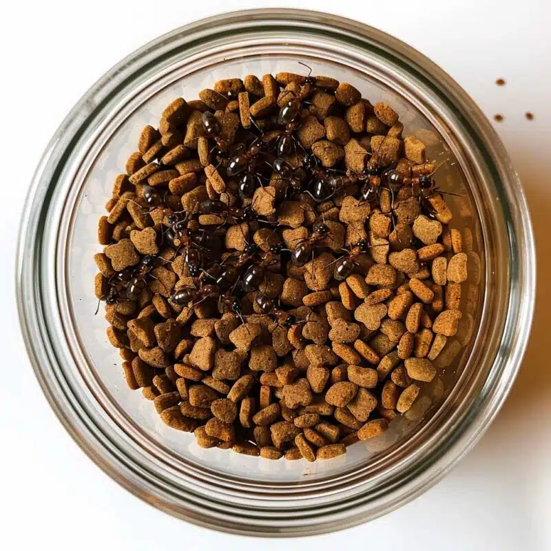 Bowl of kibble infested with ants.