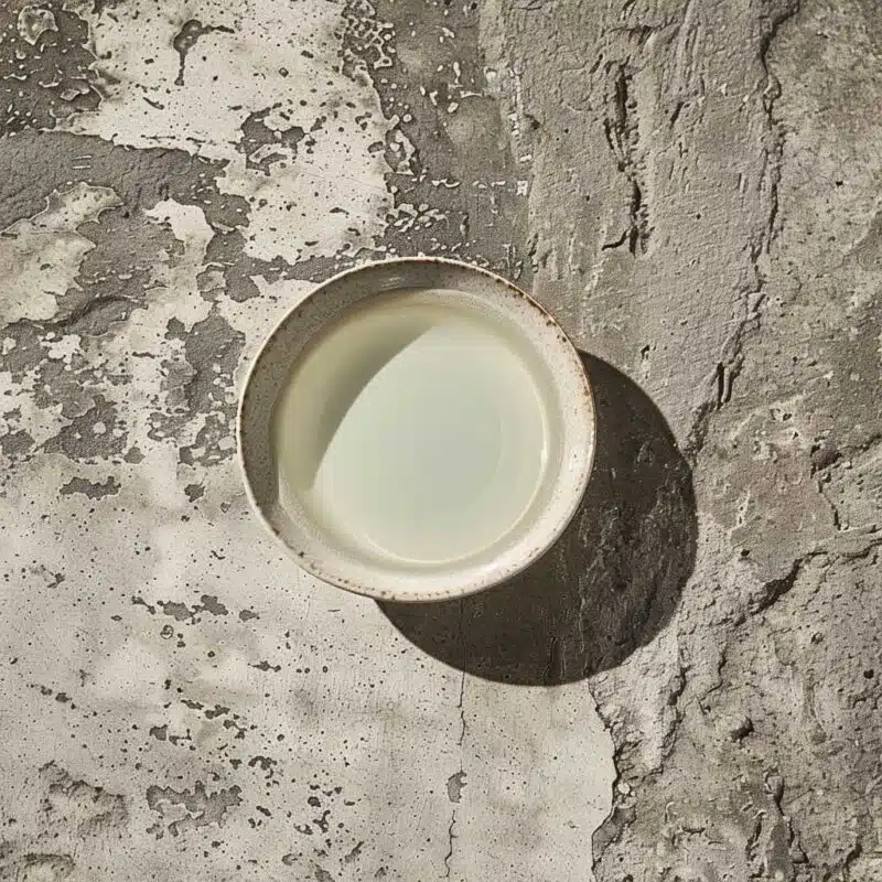 Clear, colorless homemade ant bait in a bowl on concrete.