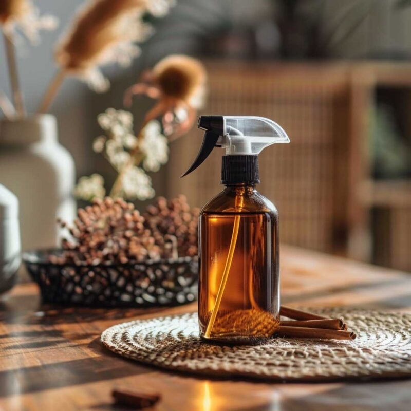 An amber glass spray bottle with a black trigger sprayer placed on a woven placemat.