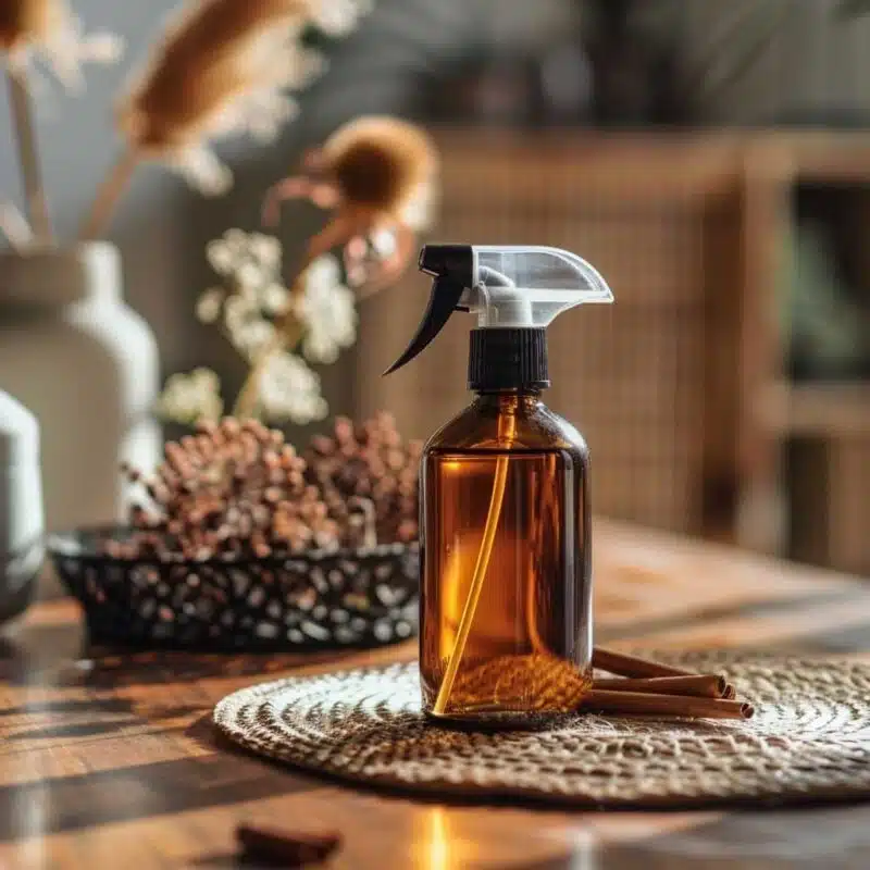 An amber glass spray bottle with a black trigger sprayer placed on a woven placemat.