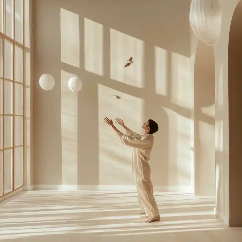 a man in a white room with white lanterns and a bird