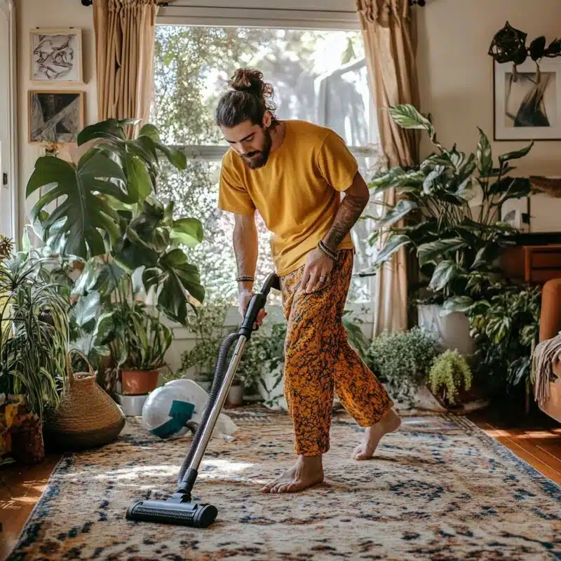 a man vacuuming a rug in a room