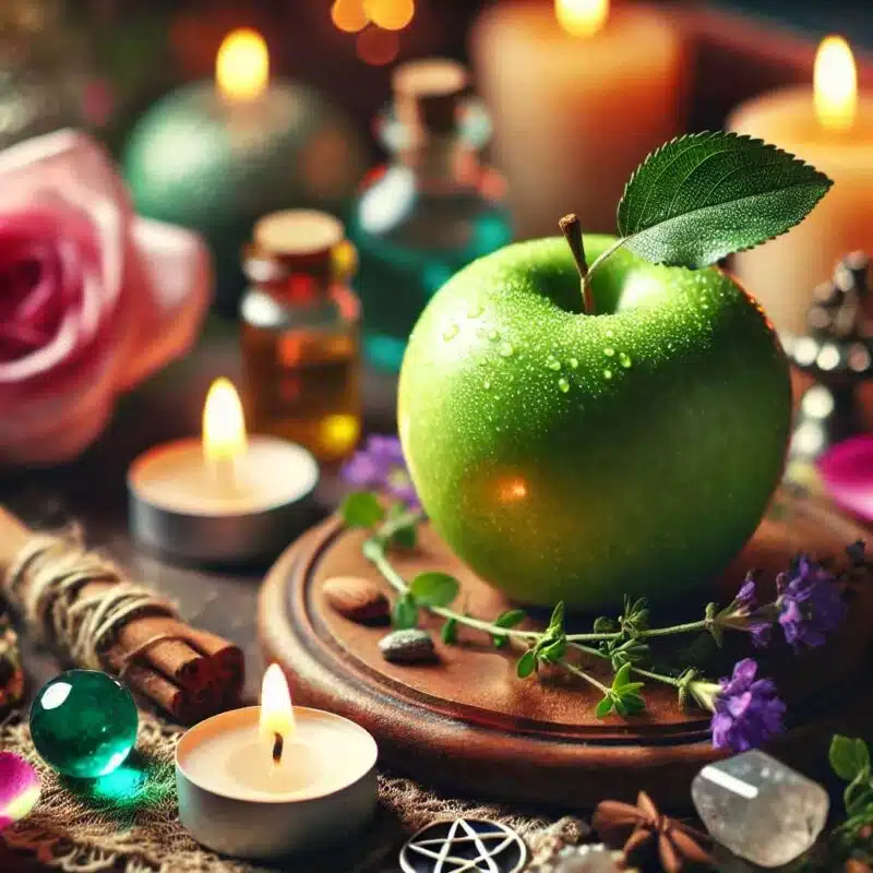 Household Items For Love Spells: 10 Items You Already Have 5 a green apple with a leaf on top of a plate surrounded by candles and flowers