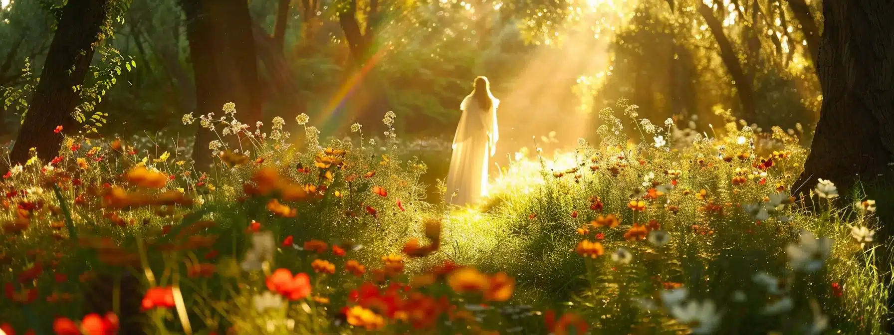 a serene forest glade bathed in warm, golden sunlight, where a single ethereal angelic figure softly glows amidst vibrant wildflowers, embodying guidance and spiritual connection. a serene forest glade bathed in warm, golden sunlight, where a single ethereal angelic figure softly glows amidst vibrant wildflowers, embodying guidance and spiritual connection.