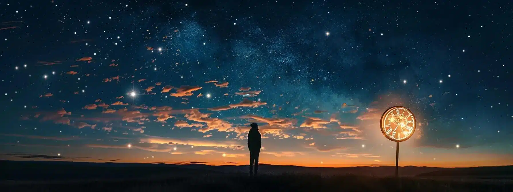 a serene twilight sky filled with shimmering stars forms a backdrop to a solitary figure gazing thoughtfully at a glowing clock, where the numbers align in a meaningful pattern, symbolizing divine messages from the universe. a serene twilight sky filled with shimmering stars forms a backdrop to a solitary figure gazing thoughtfully at a glowing clock, where the numbers align in a meaningful pattern, symbolizing divine messages from the universe.