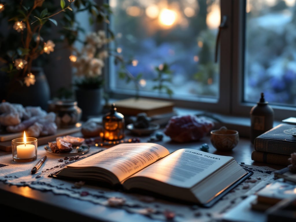 Mystical home office desk illuminated by moonlight, featuring crystals, burning sage, and a career manifestation journal, creating a professional yet spiritual atmosphere